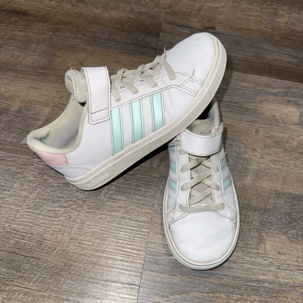 Adidas Grand Court 2.0 Kids 13K White Aqua Pink Sneakers Strap Shoes IG8652